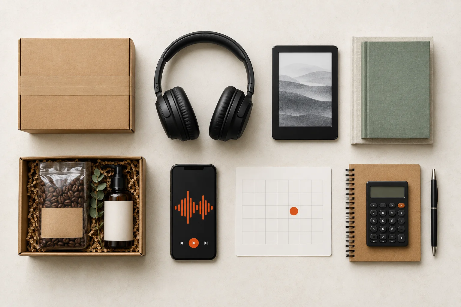 Headphones, an e-reader, a phone playing audio, a delivery box of coffee and skincare, and a calendar: the things Amazon's memberships cover Headphones, an e-reader, a phone playing audio, a delivery box of coffee and skincare, and a calendar: the things Amazon's memberships cover