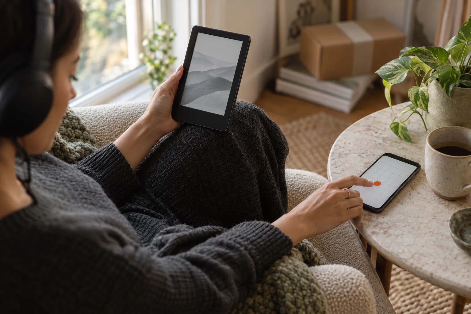 A woman reading on an e-reader with headphones on, marking a trial end date in her phone calendar A woman reading on an e-reader with headphones on, marking a trial end date in her phone calendar