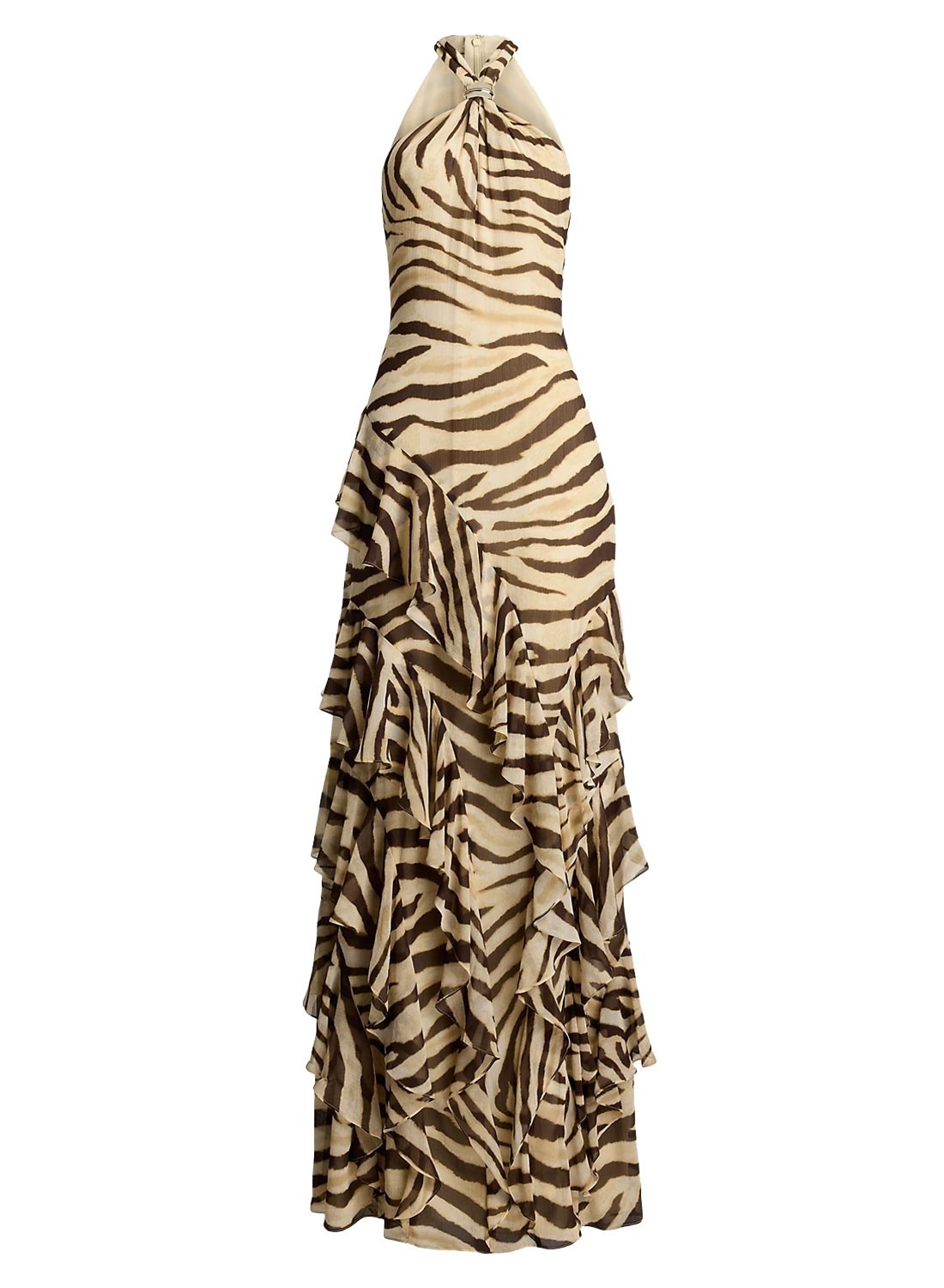 Ralph Lauren Zebra-Print Ruffle-Trim Georgette Gown