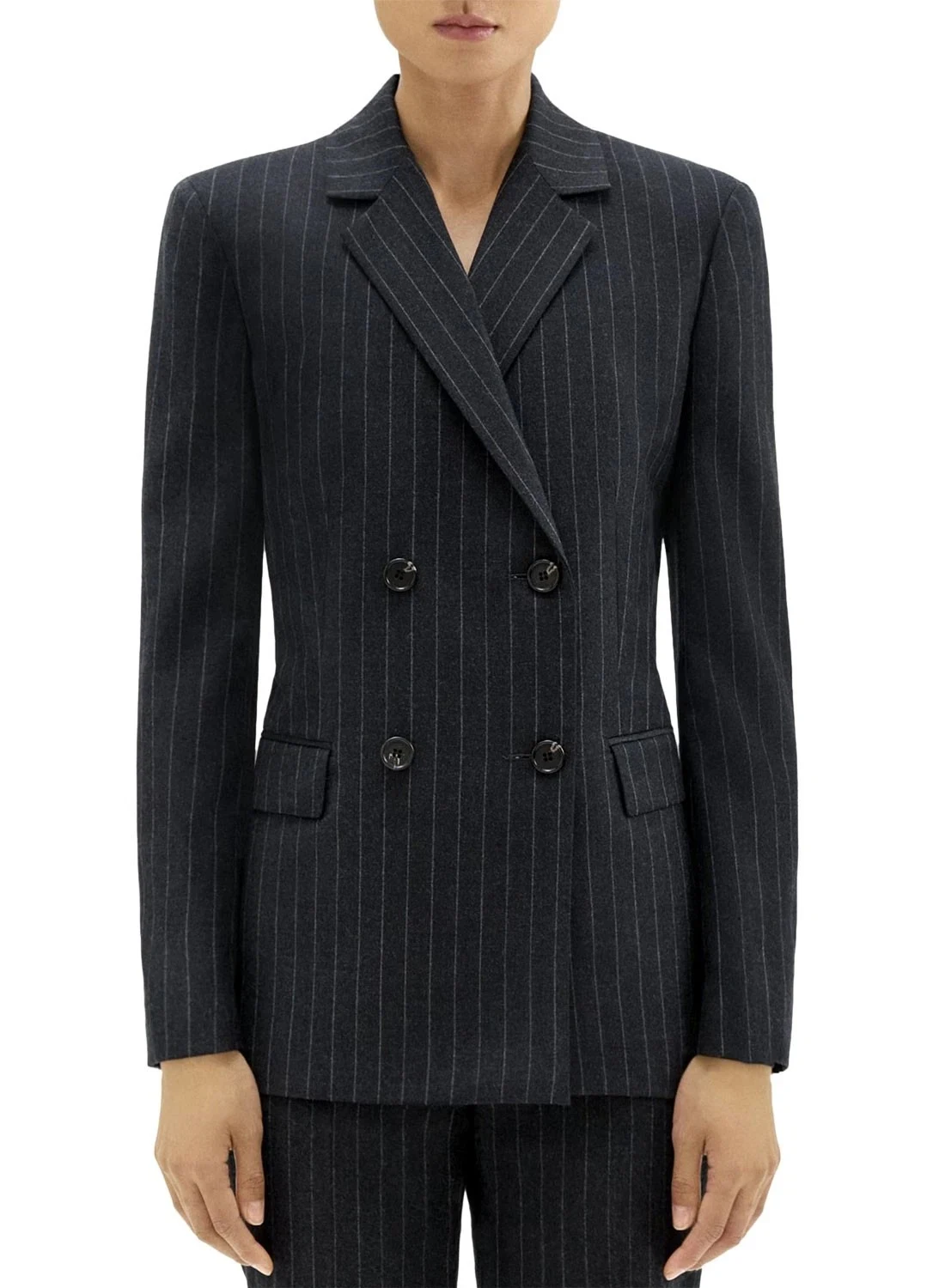 Theory Slim Double-Breasted Wool Flannel Pinstripe Blazer