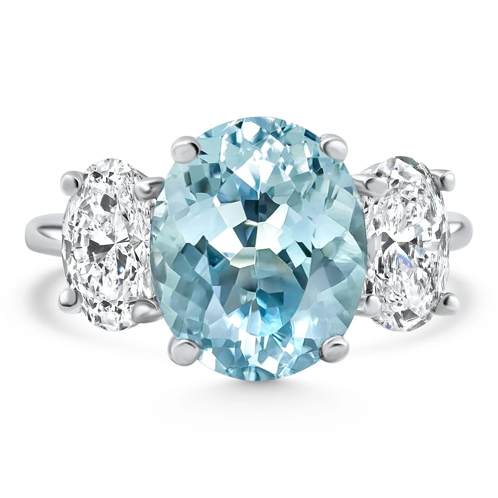 5.80Ct TW Aquamarine and Oval Diamond Ring, 14K White Gold