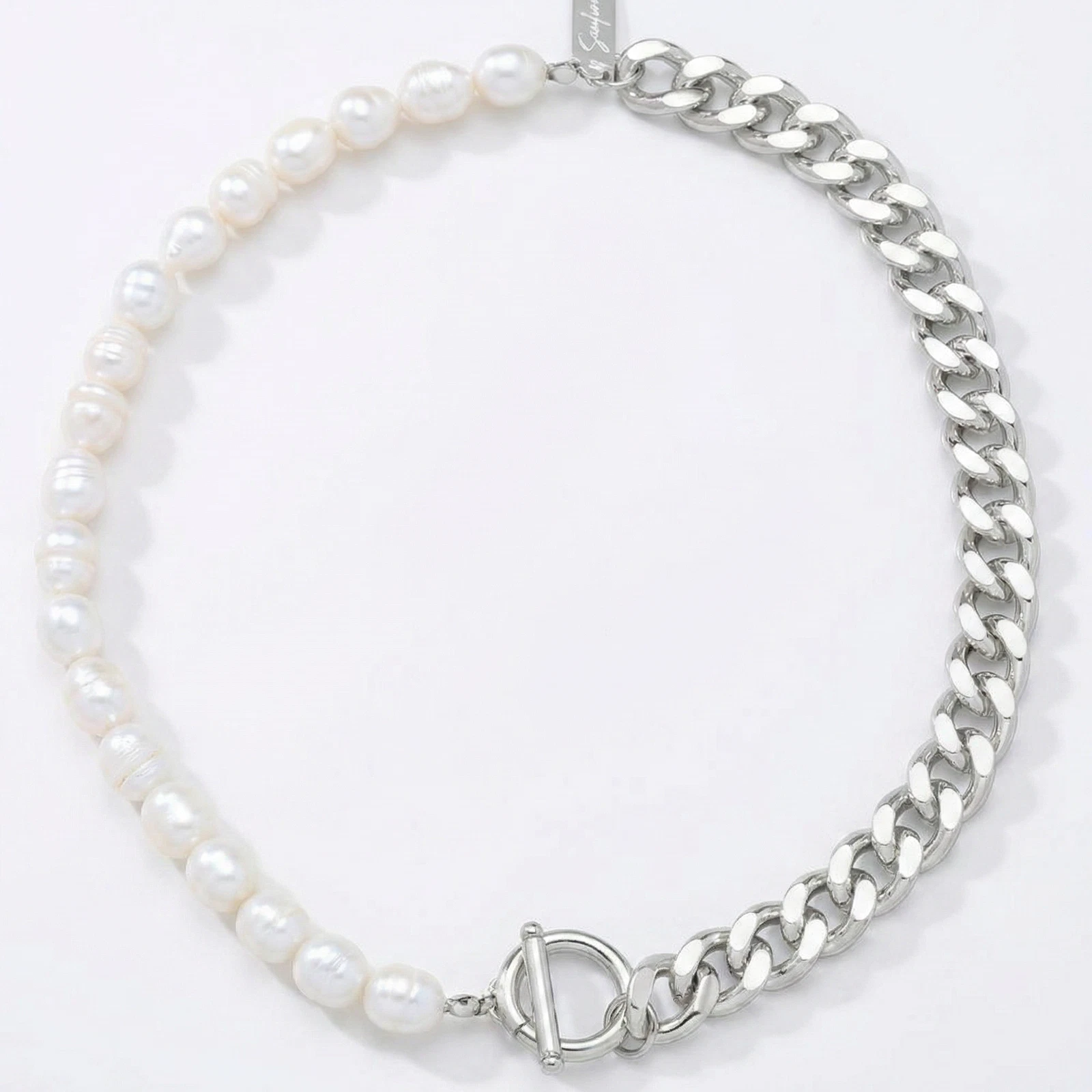 Fresh Water Pearl Half Curb Link Necklace, 18" Toggle Clasp