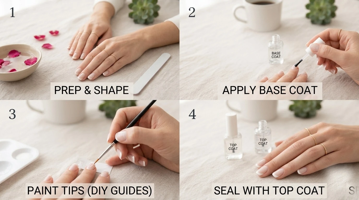 Four steps to a painted French at home: prep and shape, apply base coat, paint the tips with a guide, seal with top coat