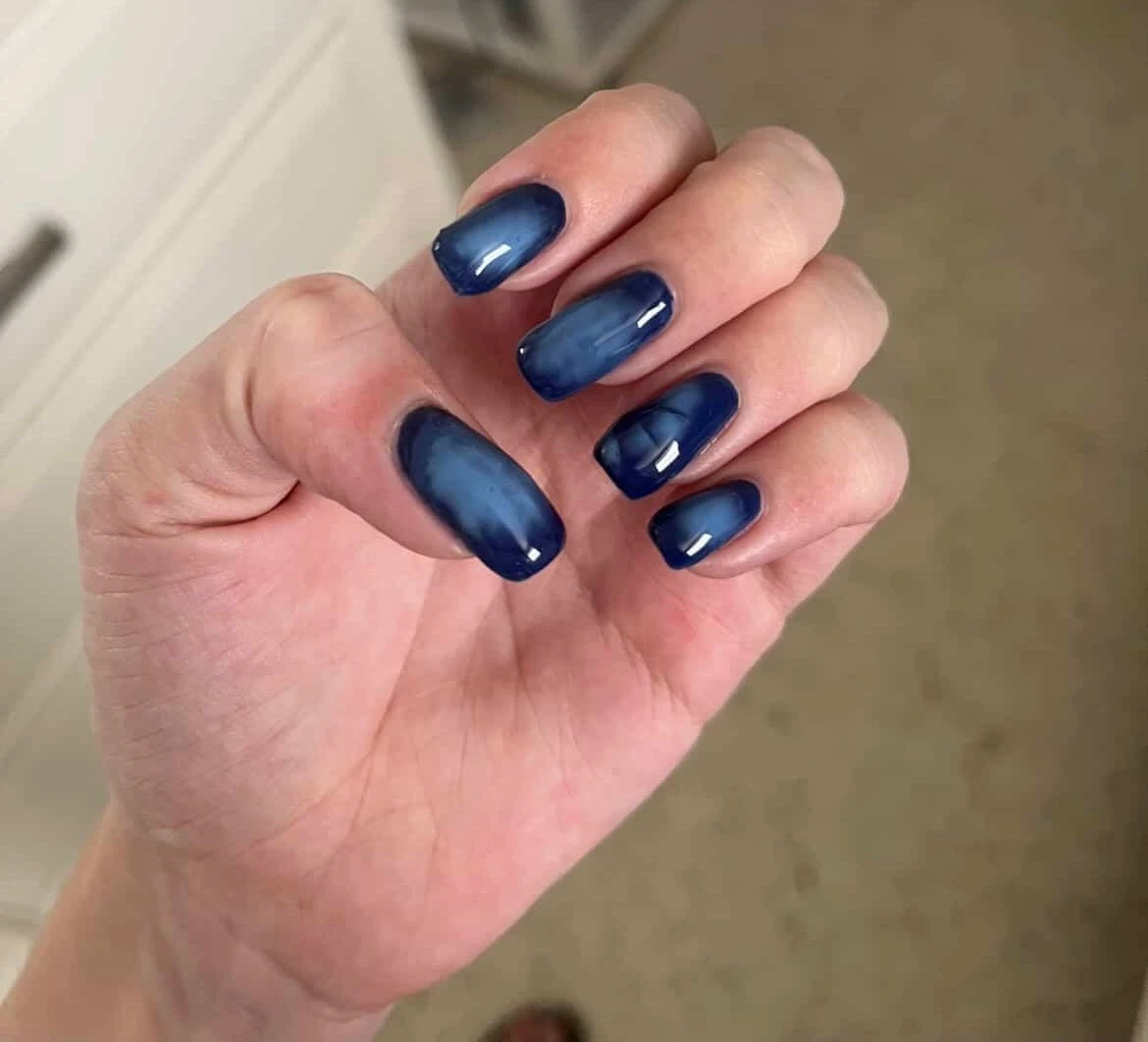 Navy aura gel nails, done at home