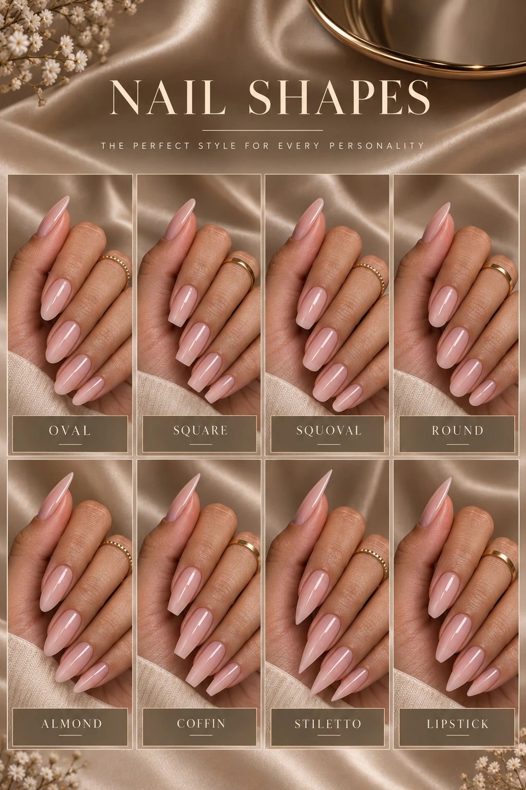The eight nail shapes: oval, square, squoval, round, almond, coffin, stiletto, and lipstick