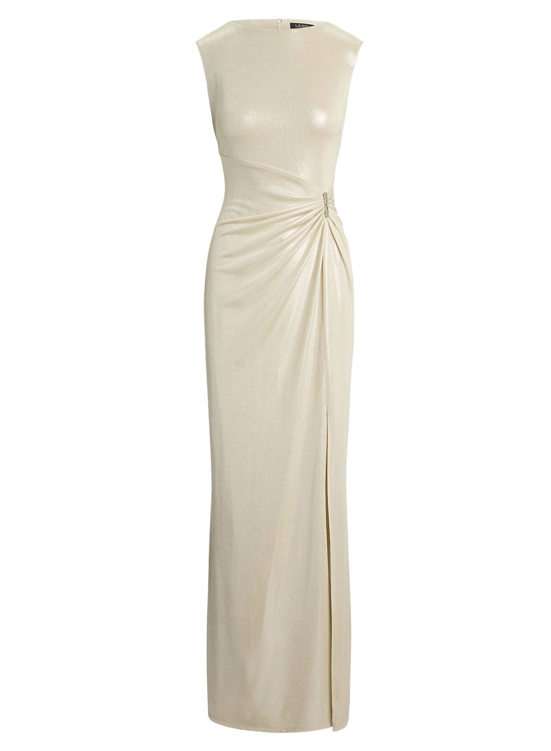 Lauren Ralph Lauren Buckle-Trim Metallic Jersey Gown in champagne Lauren Ralph Lauren Buckle-Trim Metallic Jersey Gown in champagne