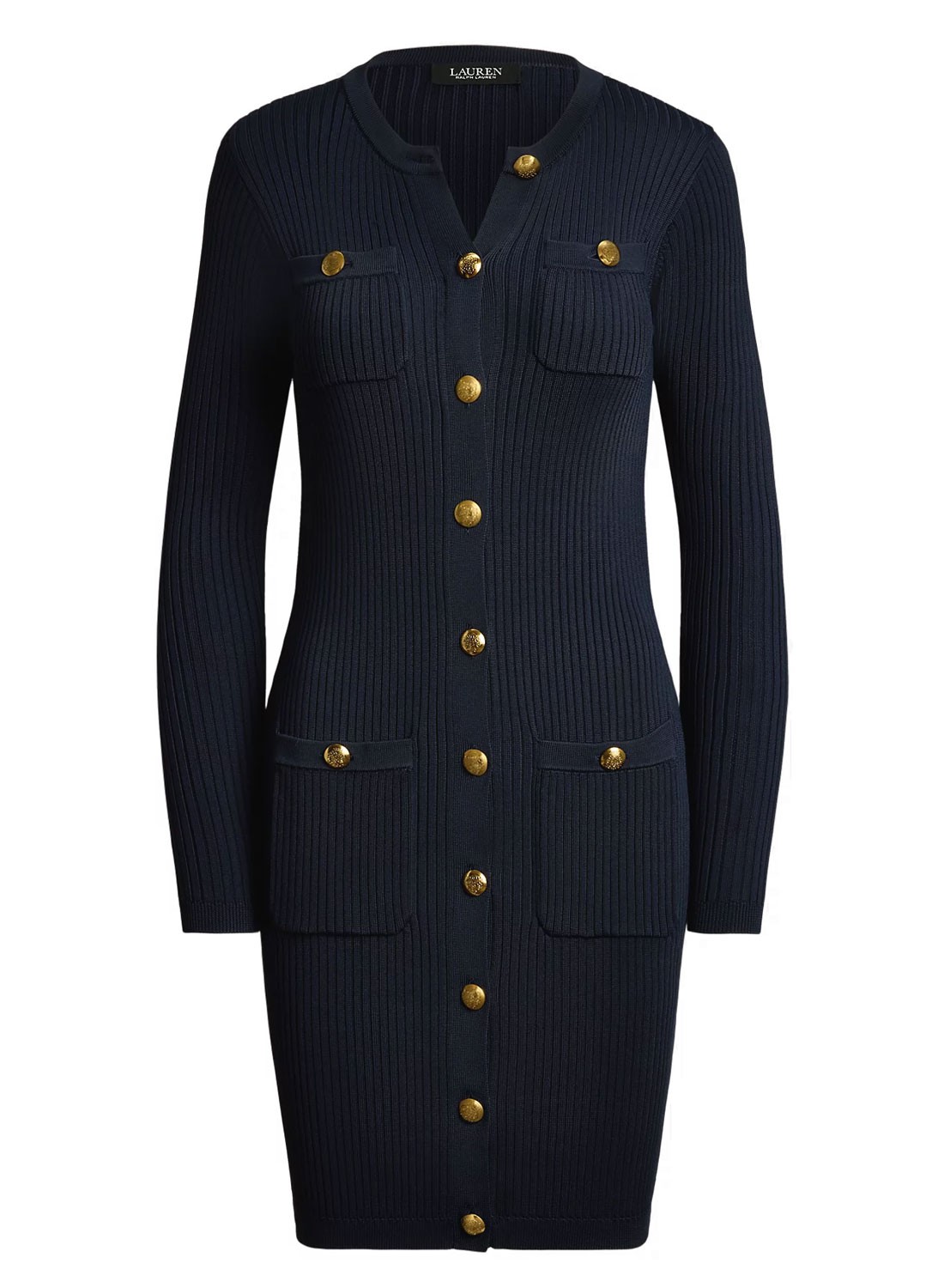 Lauren Ralph Lauren button-trim rib-knit sweater dress in navy Lauren Ralph Lauren button-trim rib-knit sweater dress in navy